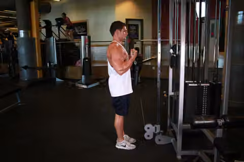 Demonstrasi gerakan Standing Biceps Cable Curl.