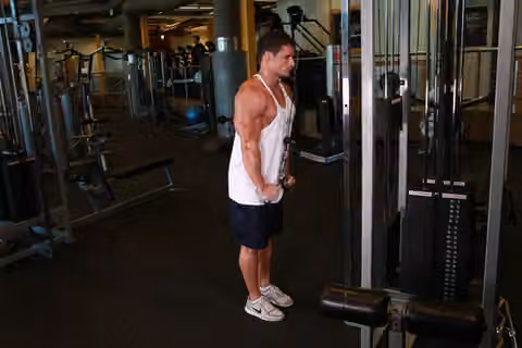 Demonstrasi gerakan Triceps Pushdown - V-Bar Attachment.