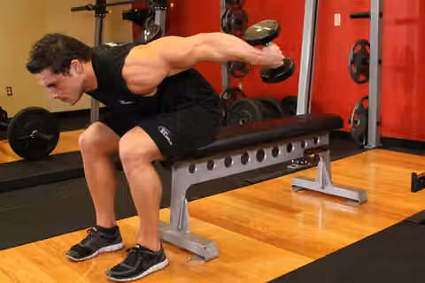 Demonstrasi gerakan Seated Bent-Over Two-Arm Dumbbell Triceps Extension.